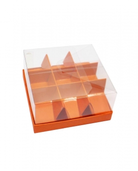 Pralinen-Sichtbox 9er orange, inkl. beschichtetem Stegeinsatz und Stülpdeckel